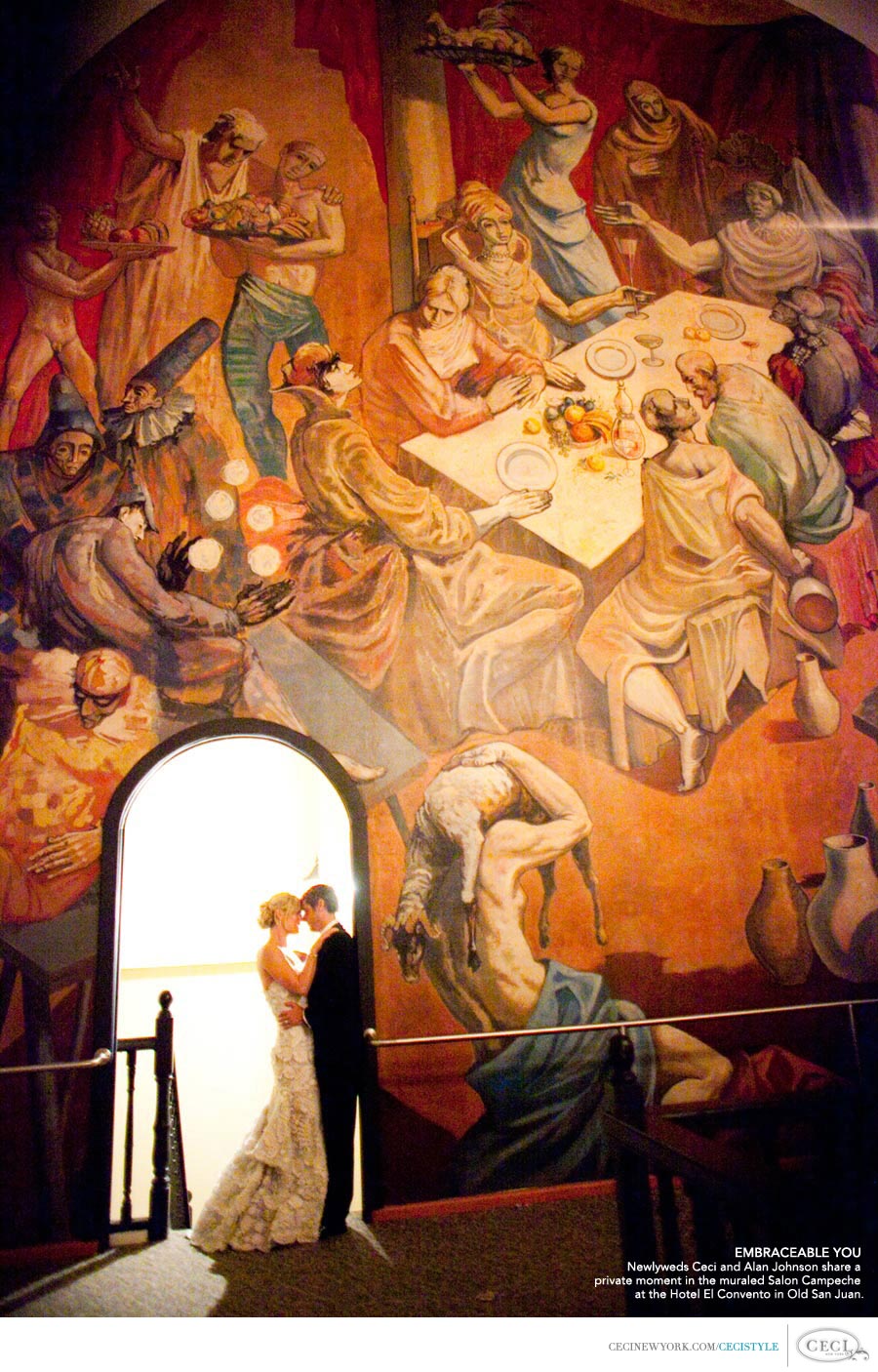 Embraceable You - Newlyweds Ceci and Alan Johnson share a private moment in the muraled Salon Campeche at the Hotel El Convento in Old San Juan.