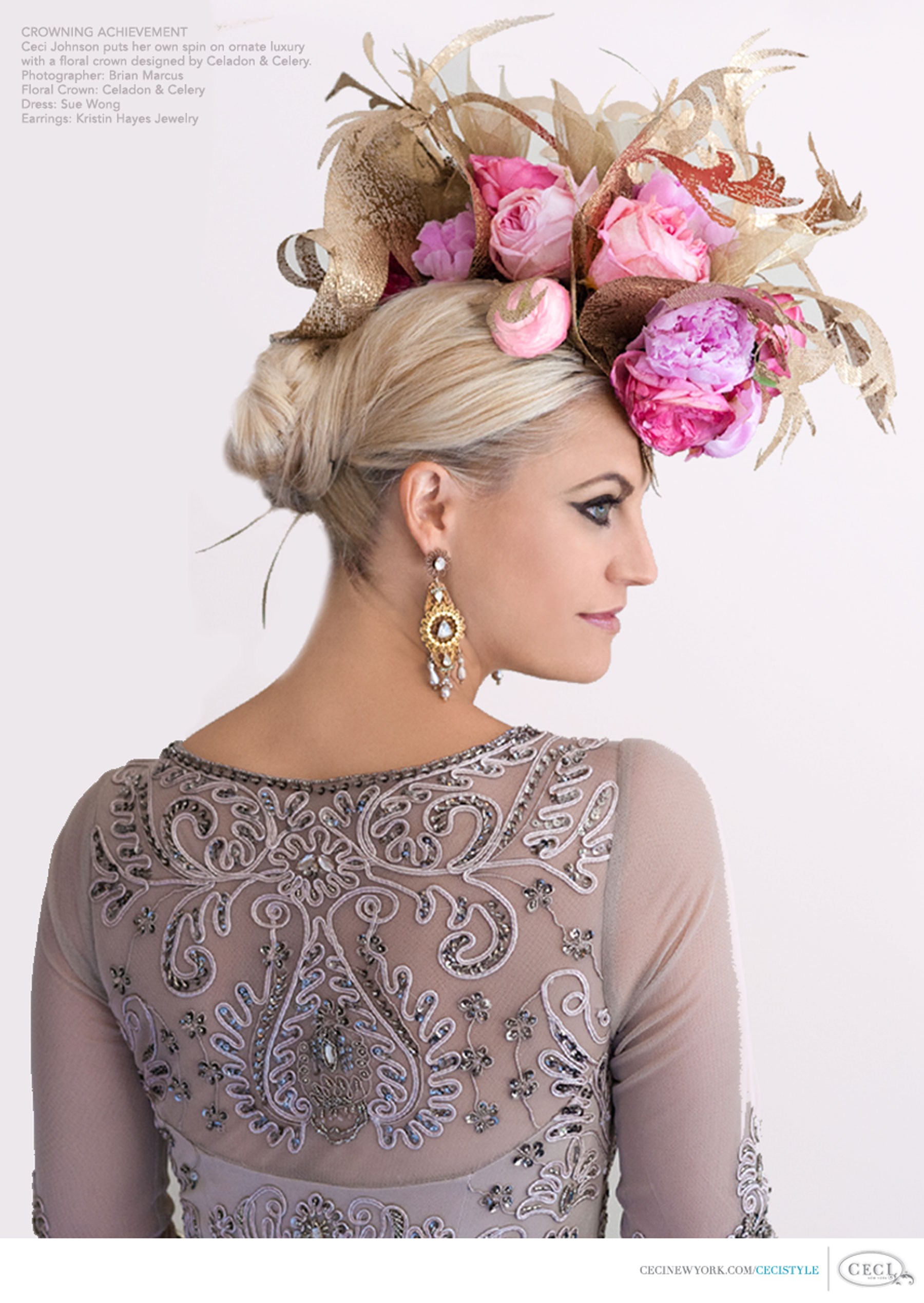 Ceci Johnson of Ceci New York - CROWNING ACHIEVEMENT: Ceci Johnson puts her own spin on ornate luxury with a floral crown designed by Celadon & Celery.
