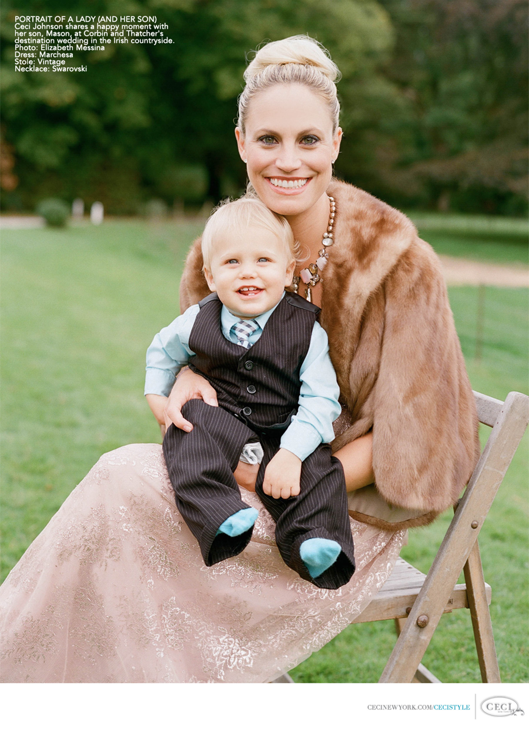 Ceci Johnson of Ceci New York - PORTRAIT OF A LADY (AND HER SON): Ceci Johnson shares a happy moment with her son, Mason, at Corbin and Thatcher's destination wedding in the Irish countryside. Photo: Elizabeth Messina. Dress: Marchesa. Stole: Vintage. Necklace: Swarovski.