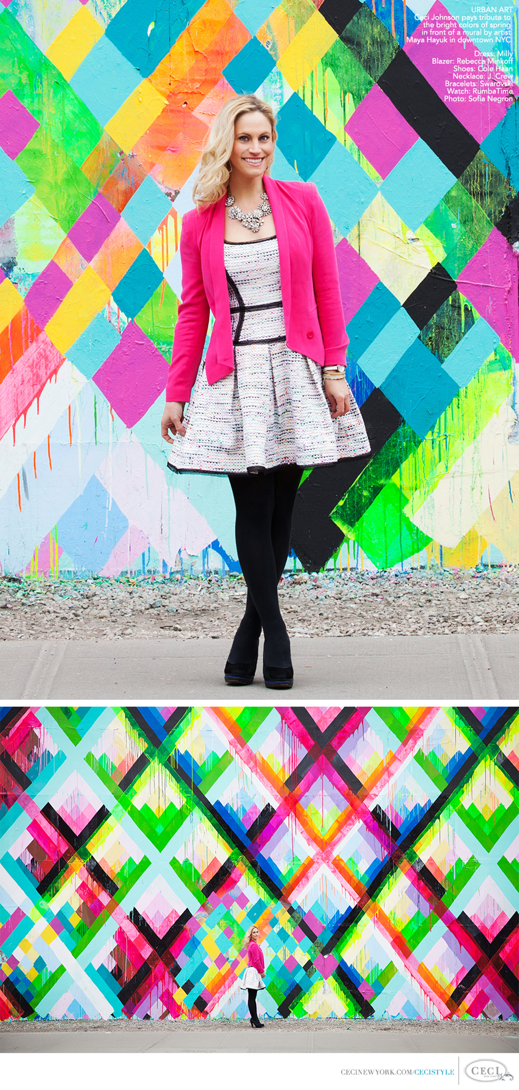 Ceci Johnson of Ceci New York - URBAN ART: Ceci Johnson pays tribute to the bright colors of spring in front of a mural by artist Maya Hayuk in downtown NYC. Photo: Sofia Negron. Dress: Milly. Blazer: Rebecca Minkoff. Shoes: Cole Haan. Necklace: J. Crew. Bracelets: Swarovski. Watch: RumbaTime.