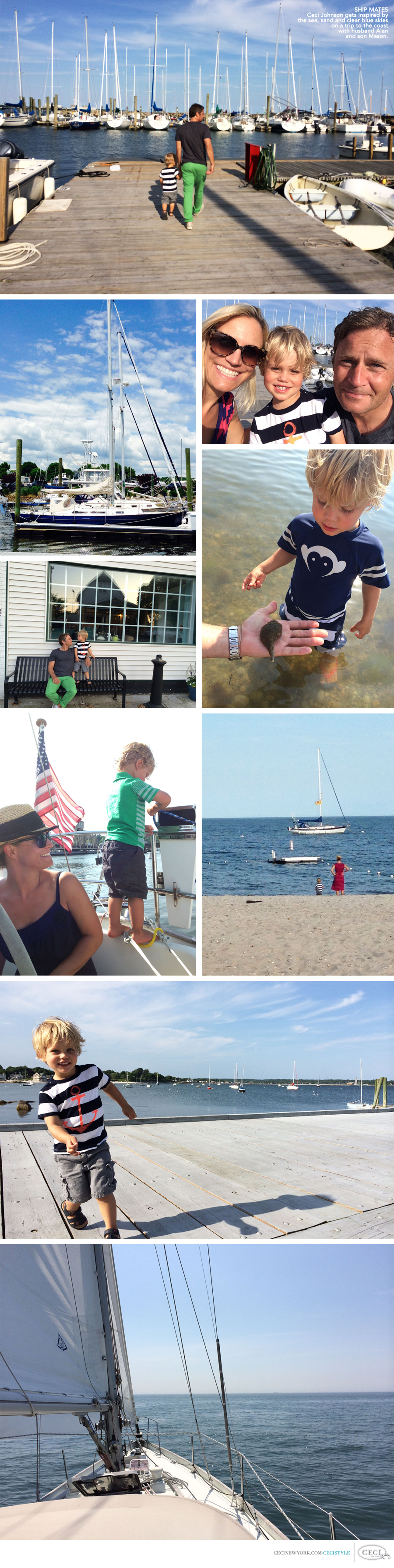 Ceci Johnson of Ceci New York - SHIP MATES: Ceci Johnson gets inspired by the sea, sand and clear blue skies on a trip to the coast with husband Alan and son Mason.
