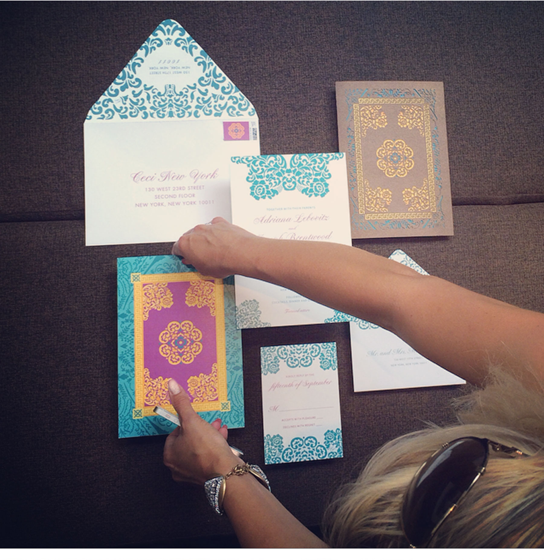 A Day in the Life of Ceci Johnson - 9:30 AM Part stylist, part designer. I'm working on a styled shoot for a venue and setting up the final invitation I designed to be shot by a professional photographer.