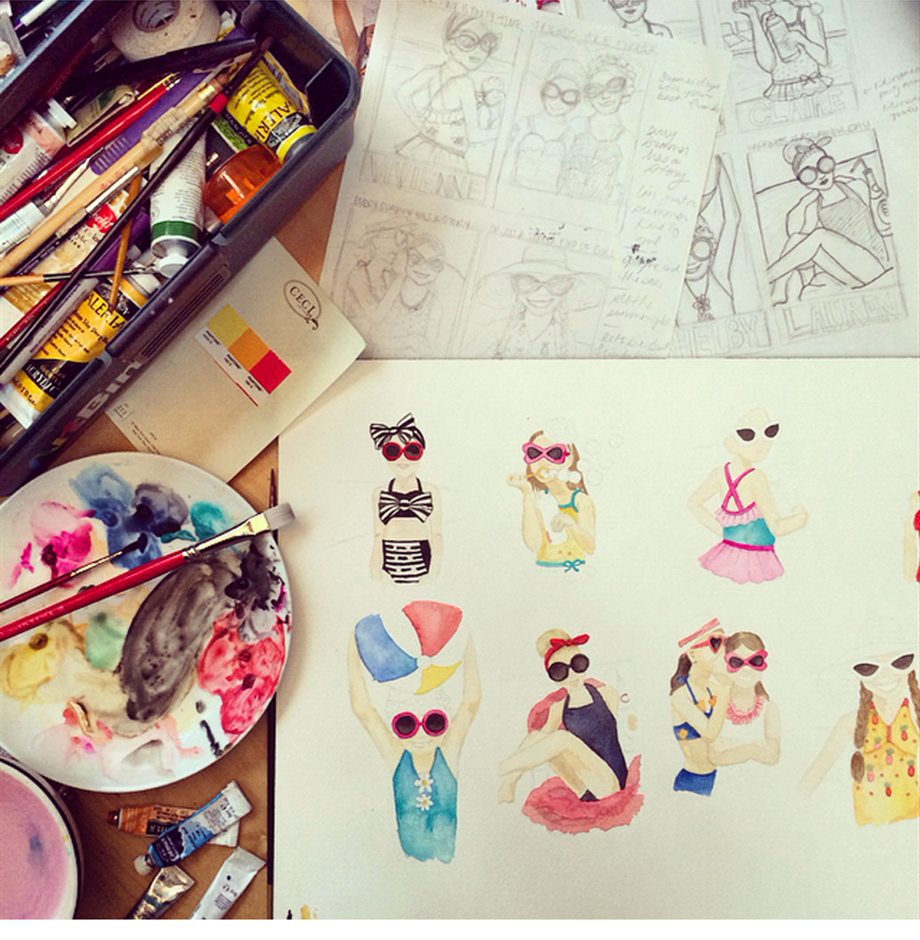 A Day in the Life of Ceci Johnson - 11:00 AM I'm painting a watercolor commissioned by a client for a 3-year-old girl's birthday party. The final designs will be scanned, overlaid with text and sent to the printer once we get the client's approval.
