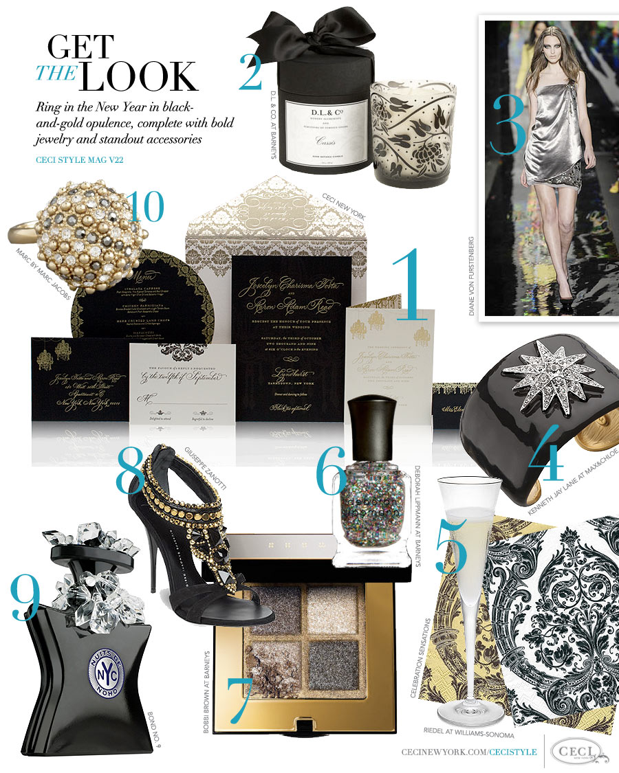 CeciStyle Magazine v22: Get The Look - New Year's Party - Ring in the New Year in black-and-gold opulence, complete with bold jewelry and standout accessories