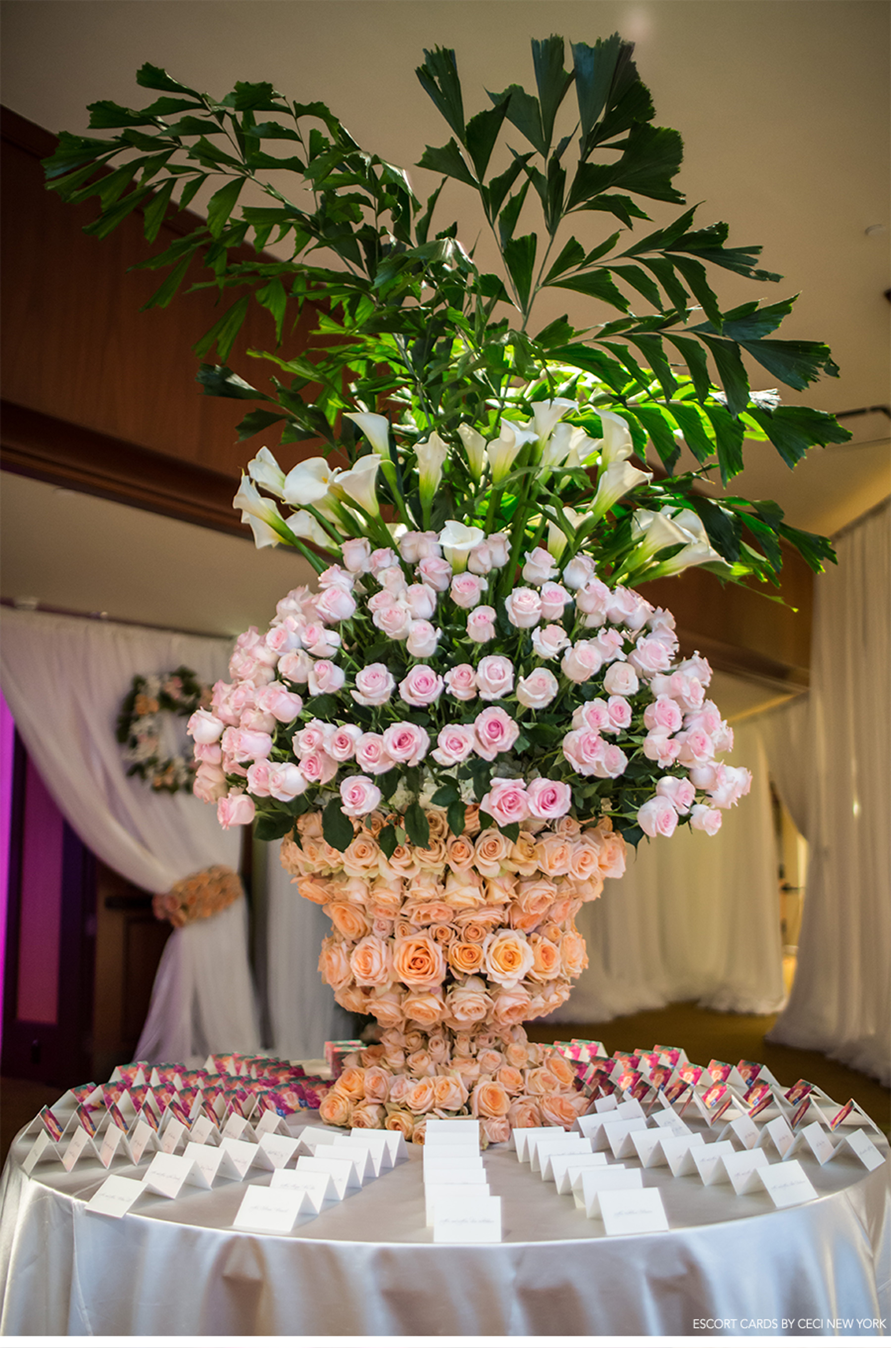 Our Muse - Sunny, Tropical Wedding in Florida - Be inspired by Sally & Javier's vibrant, tropical wedding in Florida - tropical wedding, wedding inspiration, colorful, florida wedding, ceci new york, escort cards, table signs, watercolor, colorful, palm trees, flowers, centerpieces, cake, pink, purple, bride, groom, custom