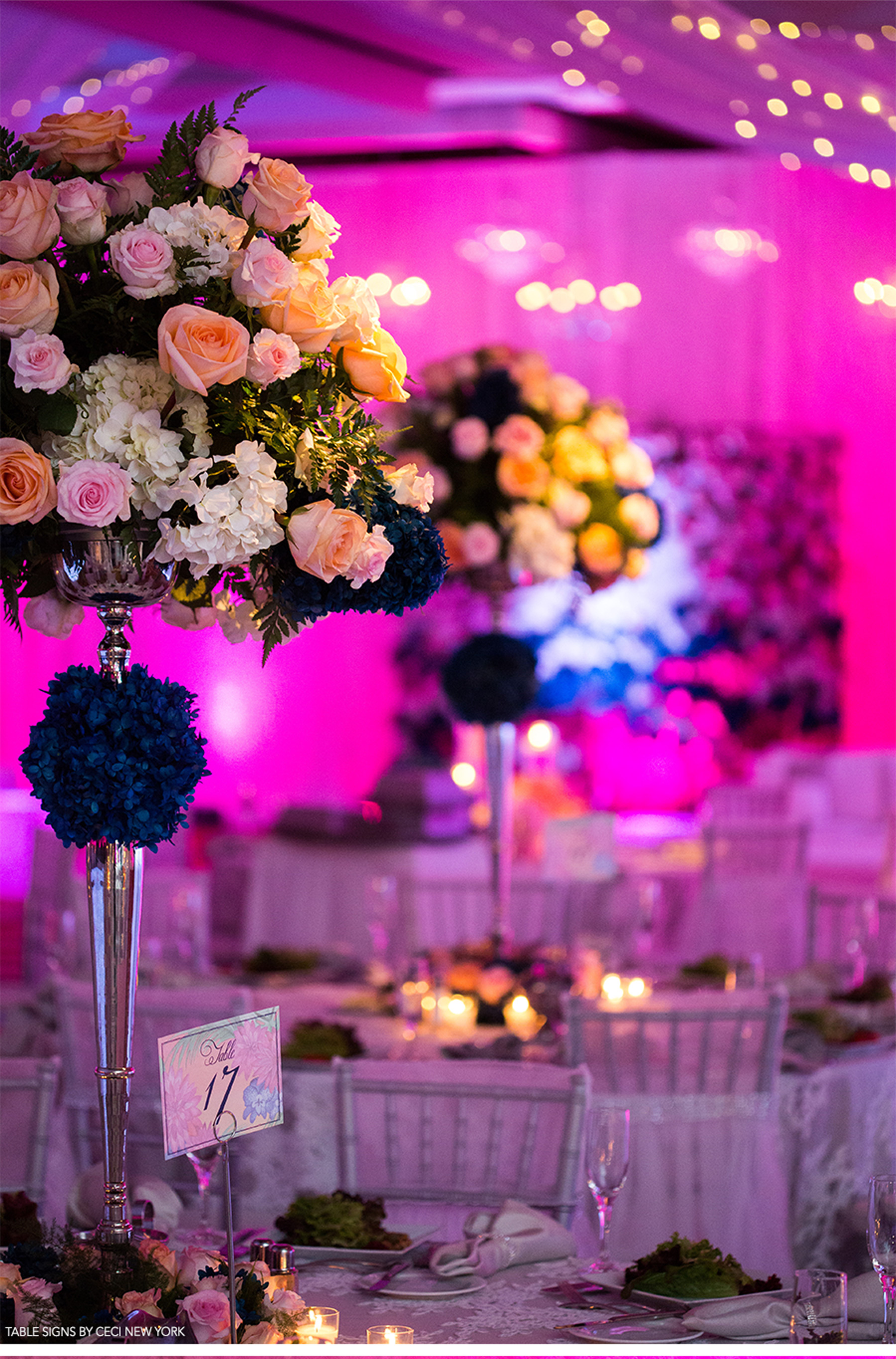 Our Muse - Sunny, Tropical Wedding in Florida - Be inspired by Sally & Javier's vibrant, tropical wedding in Florida - tropical wedding, wedding inspiration, colorful, florida wedding, ceci new york, escort cards, table signs, watercolor, colorful, palm trees, flowers, centerpieces, cake, pink, purple, bride, groom, custom