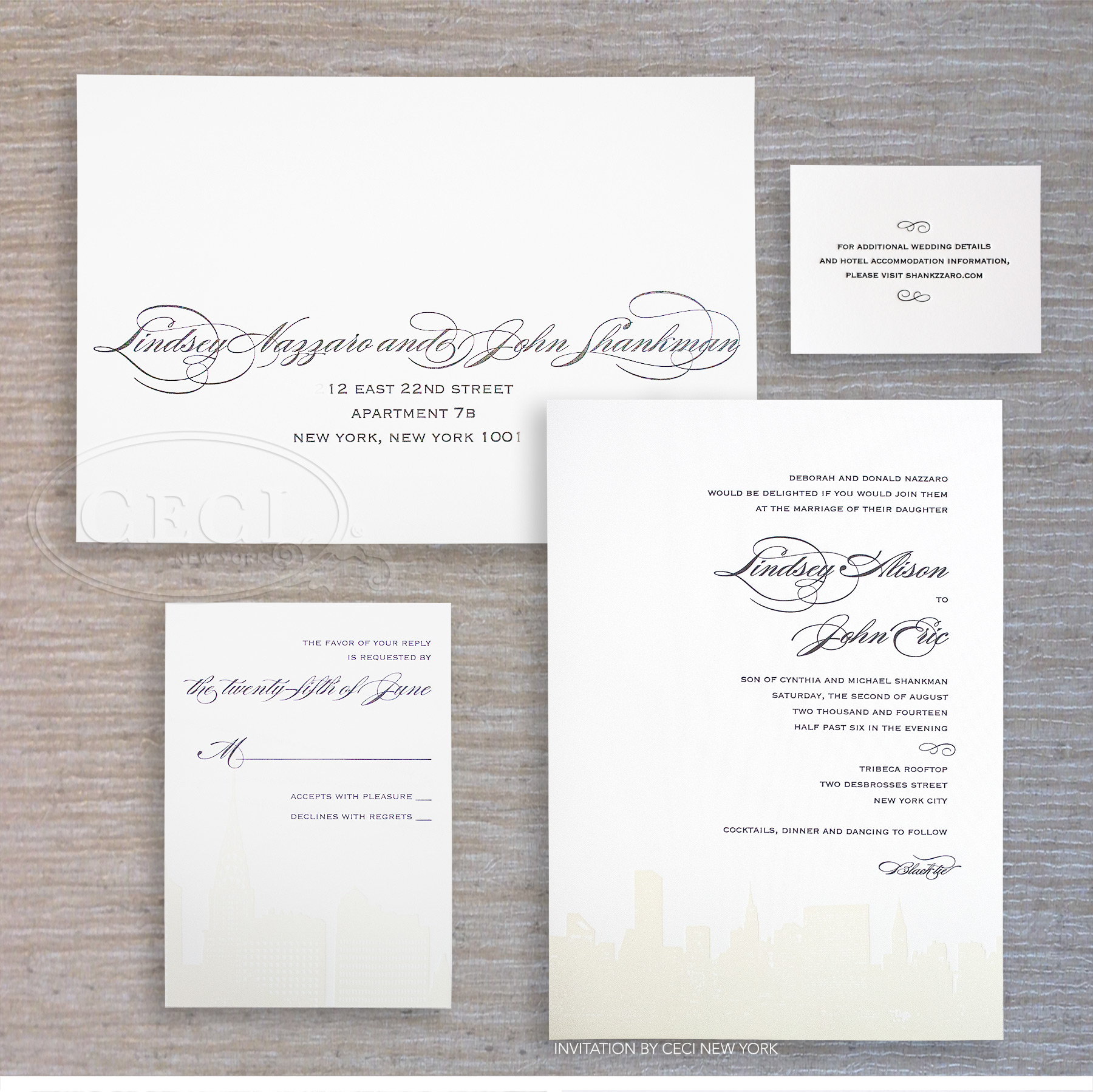 Luxury Wedding Invitations by Ceci New York - Our Muse - Rooftop Wedding in New York City: Lindsey and John, Part 1 - Be inspired by Lindsey and John's romantic rooftop wedding in New York City. - custom wedding invitations, luxury wedding invitations, couture, ceci new york, letterpress