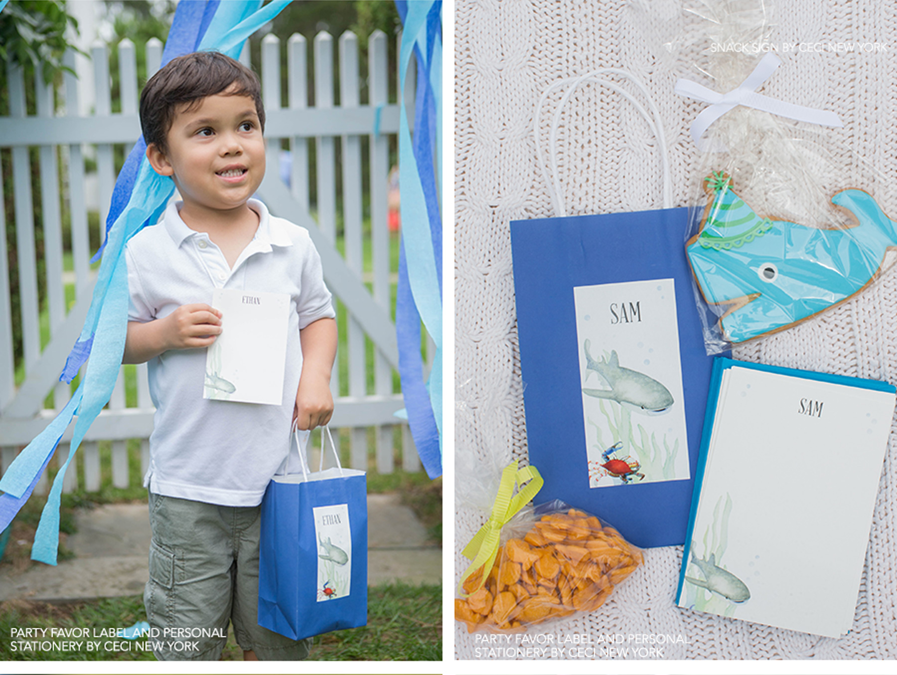 Our Muse - Under-the-Sea Themed Birthday Party - Be inspired by Mason's underwater-themed fourth birthday party - ceci new york, ceci johnson, birthday party invitations, kid's birthday party, under the sea, fourth birthday party inspiration, custom invitations, boxed invitations, thisbe grace photography, eleni's new york, zoku pops, pool party, creative food signs, elisa strauss, octopus cake, custom cake, ocean