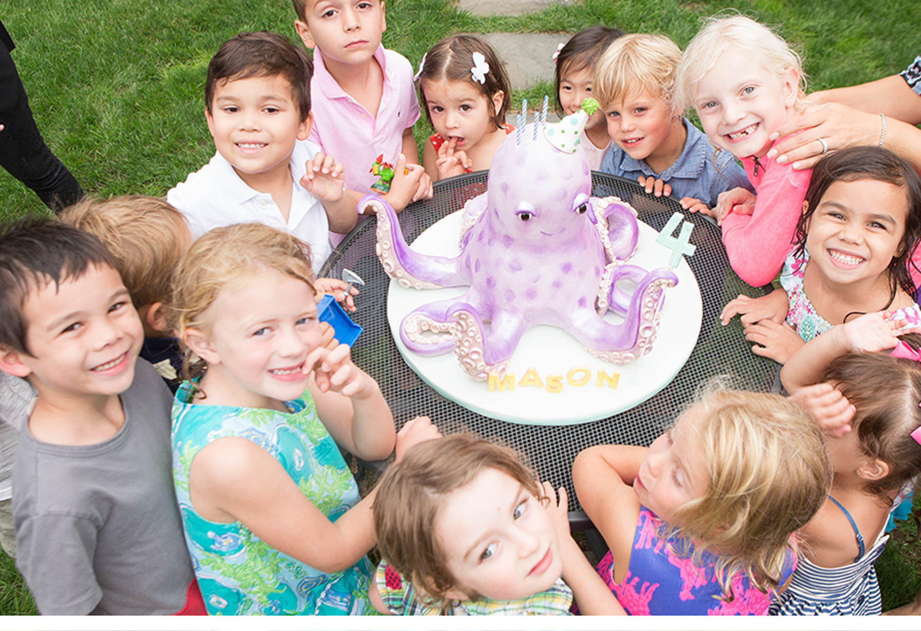 Our Muse - Under-the-Sea Themed Birthday Party - Be inspired by Mason's underwater-themed fourth birthday party - ceci new york, ceci johnson, birthday party invitations, kid's birthday party, under the sea, fourth birthday party inspiration, custom invitations, boxed invitations, thisbe grace photography, eleni's new york, zoku pops, pool party, creative food signs, elisa strauss, octopus cake, custom cake, ocean