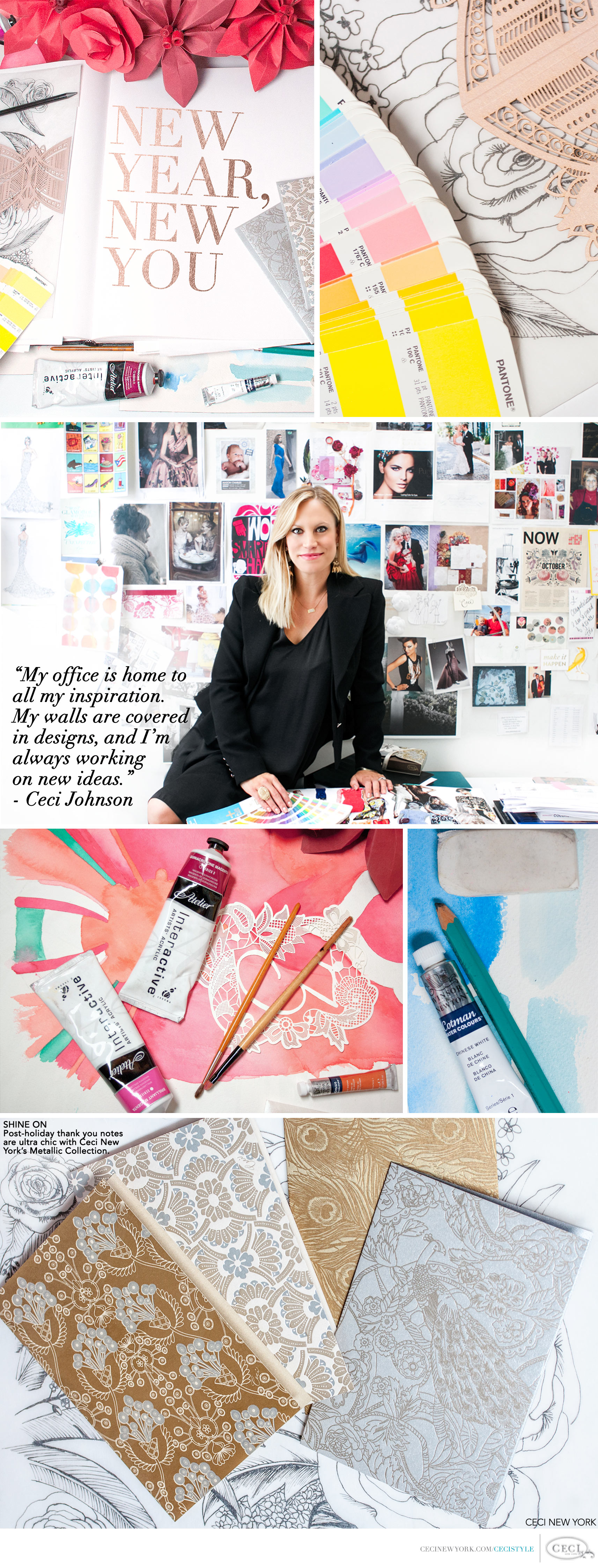 Ceci Johnson of Ceci New York - SHINE ON - Post-holiday Thank You notes are ultra-chic with the Metallic Collection from Ceci New York.