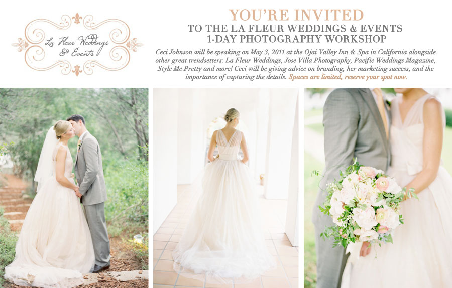Ceci Johnson will be speaking on May 3, 2011 at the Ojai Valley Inn & Spa in California alongside other great trendsetters: La Fleur Weddings, Jose Villa Photography, Pacific Weddings Magazine, Style Me Pretty and more! Ceci will be giving advice on branding, her marketing success, and the importance of capturing the details.