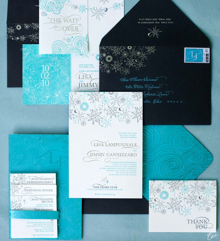 Our Muse - Wedding Invitations - Be inspired by Lisa Lampanelli & Jimmy's New York City wedding at the The Friars Club, New York City - custom stamps, thank you cards, foil printing, hand calligraphy, invitations, letterpress printing, wedding