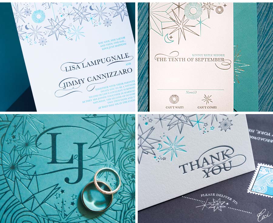 Our Muse - Wedding Invitations - Be inspired by Lisa Lampanelli & Jimmy's New York City wedding at the The Friars Club, New York City - custom stamps, thank you cards, foil printing, hand calligraphy, invitations, letterpress printing, wedding