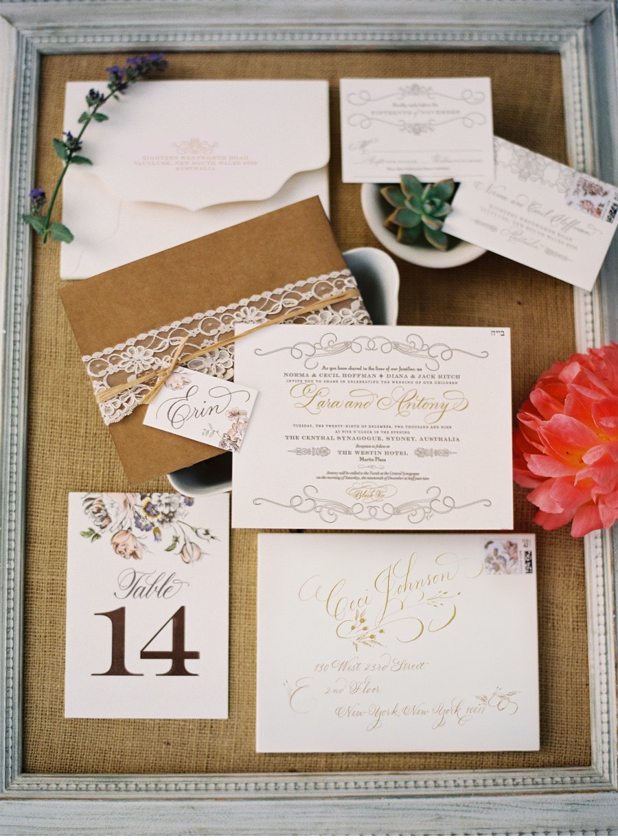 Our Muse - Wedding Invitations - Be inspired by this natural summer wedding in California at Ojai Valley Inn & Spa, Ojai, California - wedding, invitations, foil printing, hand calligraphy, custom stamps, die-cutting, letterpress printing, signs
