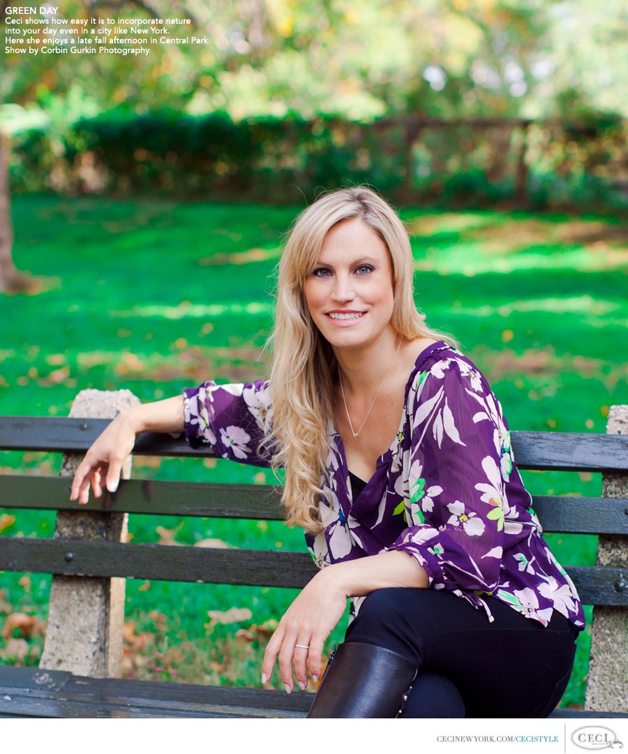 Ceci Johnson of Ceci New York - GREEN DAY: Ceci shows how easy it is to incorporate nature into your life even in a city like New York. Here she enjoys a late fall afternoon in Central Park. Shot by Corbin Gurkin Photography.