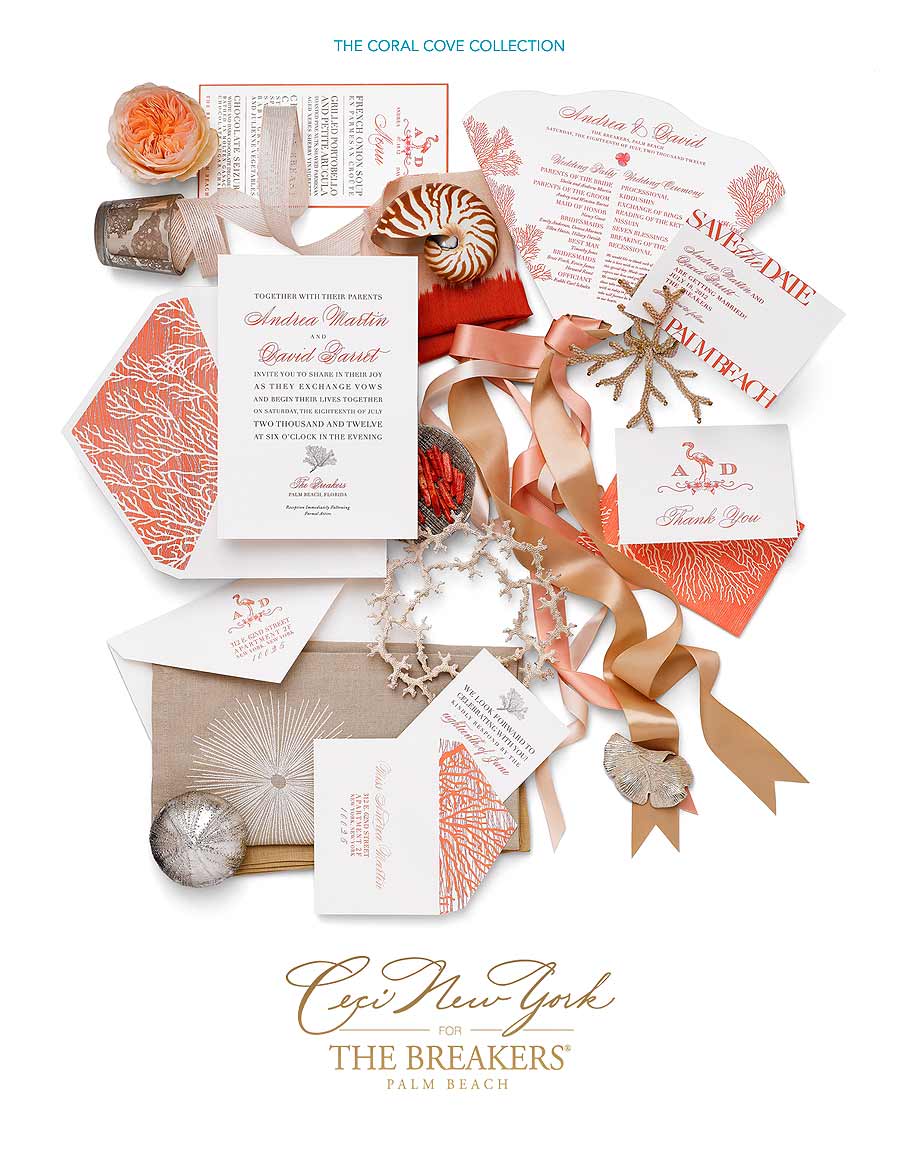 Luxury Wedding Invitations by Ceci New York - Our Muse - Coral Cove - Wedding Invitations - Be inspired by the Ceci New York for The Breakers Collection - ceci new york, digital printing, foil stamping, hand calligraphy, invitations, letterpress printing, offset printing, the breakers, wedding