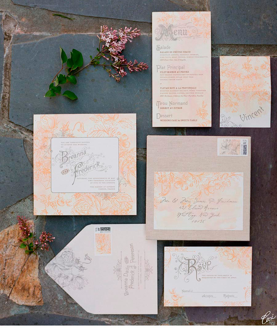 Our Muse - Soft Botanical Setting in Paris - Be inspired by this soft, botanical setting in Paris - tables signs, menus, escort cards, invitations, wedding, watercolor painting, custom stamps, digital printing