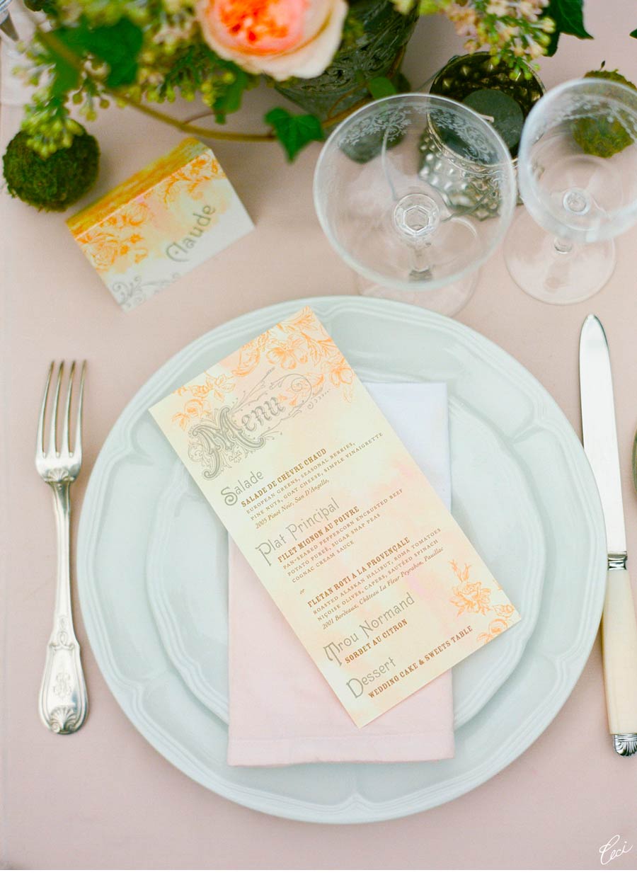 Our Muse - Soft Botanical Setting in Paris - Be inspired by this soft, botanical setting in Paris - tables signs, menus, escort cards, invitations, wedding, watercolor painting, custom stamps, digital printing
