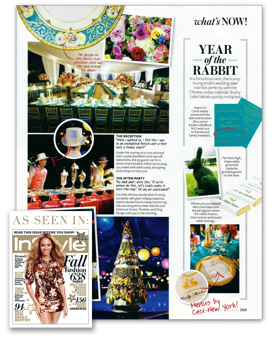 InStyle Magazine highlights the Ceci New York-designed wedding menus for Dylan Lauren!