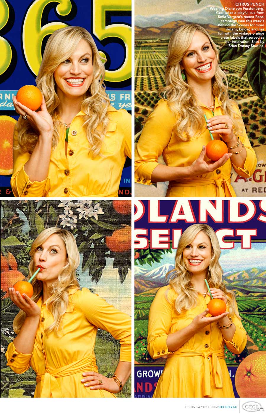Ceci Johnson of Ceci New York - CITRUS PUNCH: Wearing Diane von Furstenberg, Ceci takes a playful cue from Sofia Vergara's recent Pepsi commercials (see this week's Behind the Scenes for more details, below) and has fun with the vintage orange crate labels that served as her inspiration. Shot by Brian Dorsey Studios.
