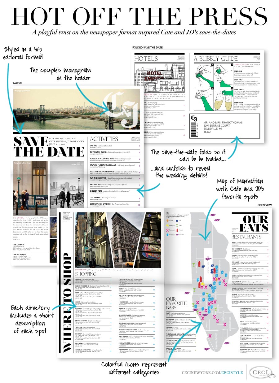 Newspaper-Inspired Save-the-Dates - Hot Off the Press: A playful twist on the newspaper format inspired Cate and JD's save-the-dates